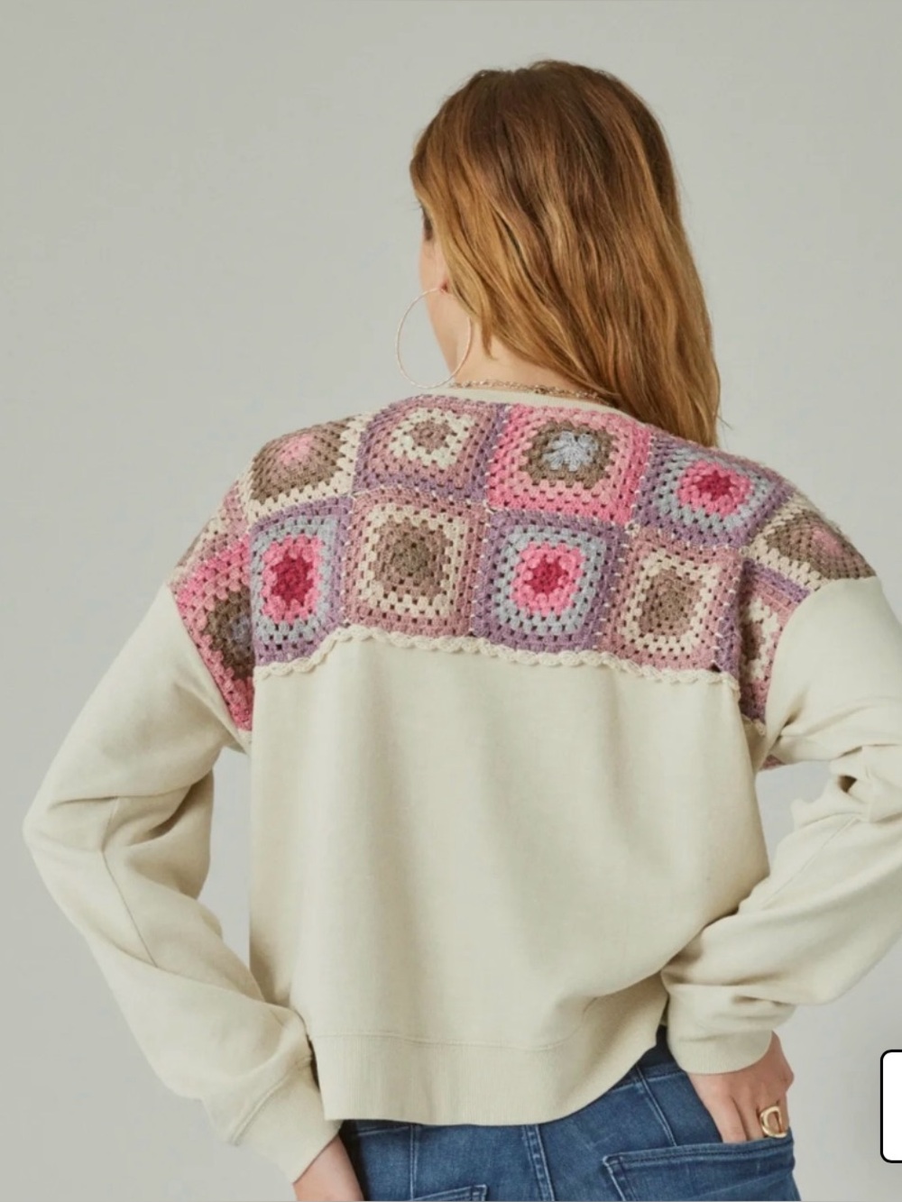 Lucky Brand Crochet Yoke Pullover Granny Square Woven L Boho - Picture 4 of 12